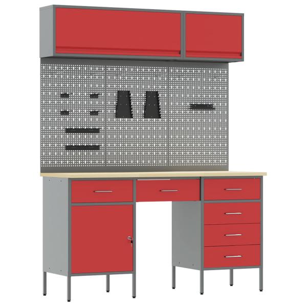 8-teiliges Arbeitskabinen- und Pegboard-Set in Rot aus MDF und Metall