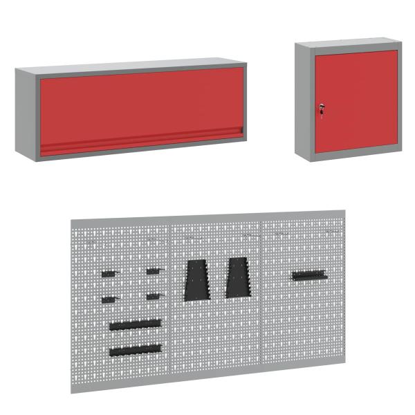 8-teiliges Arbeitskabinen- und Pegboard-Set in Rot aus MDF und Metall