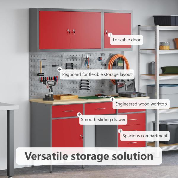 8-tlg. Werkstattschrank-Set mit Stecktafel Rot MDF und Metall