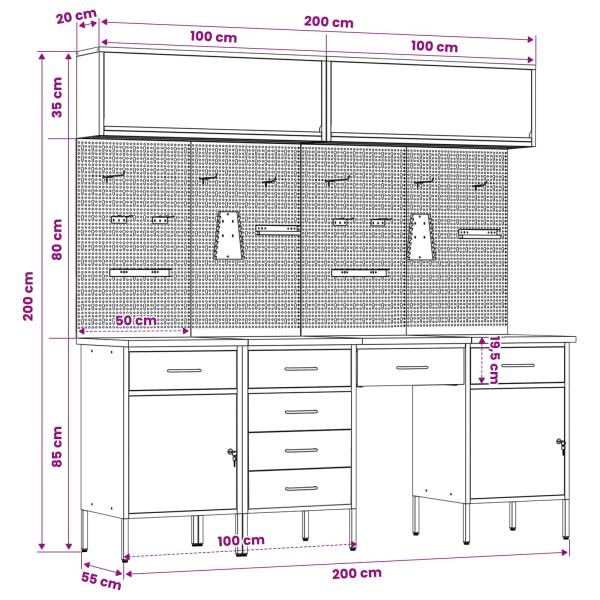 10-teiliges Werkbank-Set in Rot aus Stahl