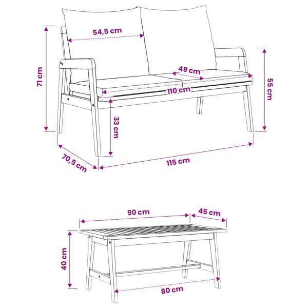3-tlg. Bistro-Set mit Kissen Massivholz Akazie