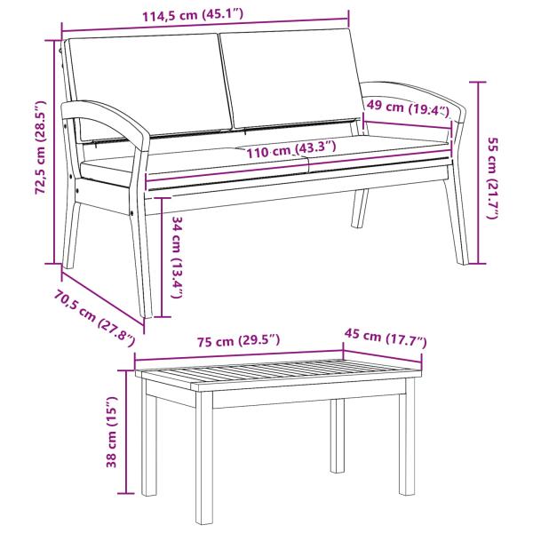 3-teiliges Bistro-Set mit Kissen - Massivholz Akazie