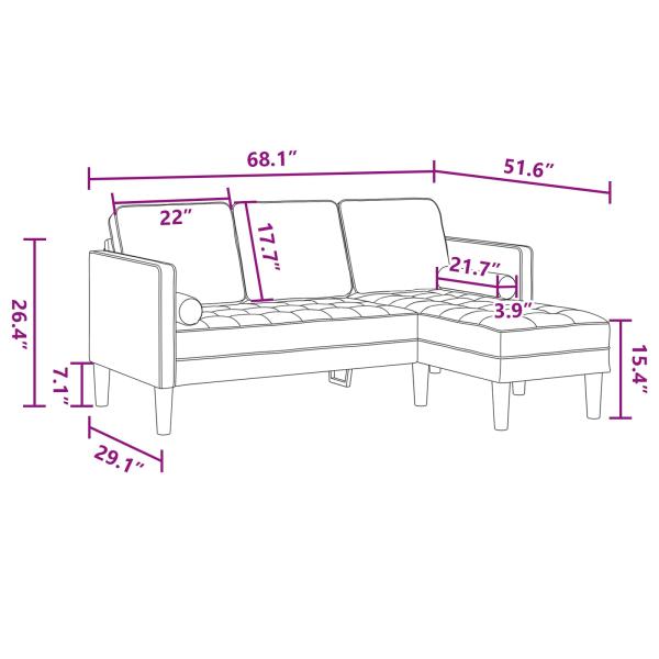 Garten Sofa mit Bank und Kissen, L-förmiger hellgrüner Samt, 3-Sitzer Sofa mit Chaise, L-förmiger hellgrüner 160 cm Samt, Bank hellgrün, 113x57x39 cm, Samt