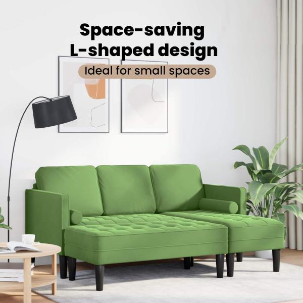 Garten Sofa mit Bank und Kissen, L-förmiger hellgrüner Samt, 3-Sitzer Sofa mit Chaise, L-förmiger hellgrüner 160 cm Samt, Bank hellgrün, 113x57x39 cm, Samt