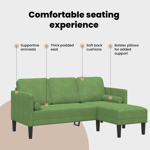 Garten Sofa mit Bank und Kissen, L-förmiger hellgrüner Samt, 3-Sitzer Sofa mit Chaise, L-förmiger hellgrüner 160 cm Samt, Bank hellgrün, 113x57x39 cm, Samt