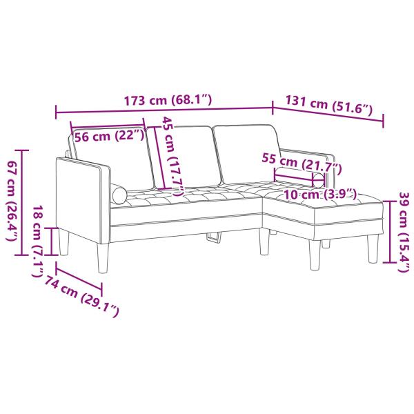 Garten Sofa mit Bank und Kissen, L-förmiger hellgrüner Samt, 3-Sitzer Sofa mit Chaise, L-förmiger hellgrüner 160 cm Samt, Bank hellgrün, 113x57x39 cm, Samt