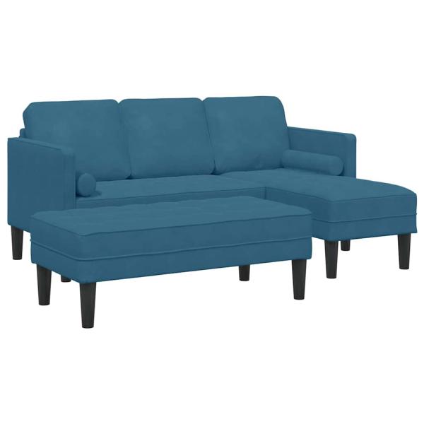 Garten Sofa mit Bank und Kissen L-förmiger blauer Samt, L-förmiges Sofa blau 173x131x67 cm Samt, Bank blau 113x57x39 cm Samt