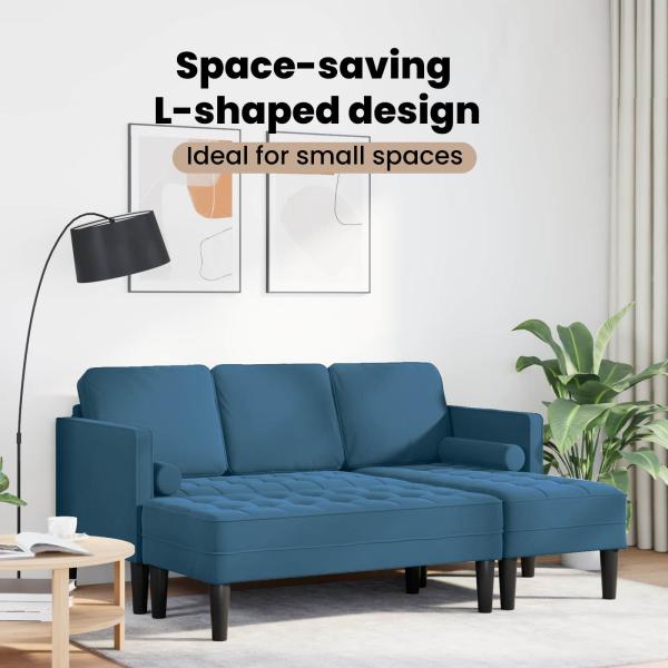 Garten Sofa mit Bank und Kissen L-förmiger blauer Samt, L-förmiges Sofa blau 173x131x67 cm Samt, Bank blau 113x57x39 cm Samt