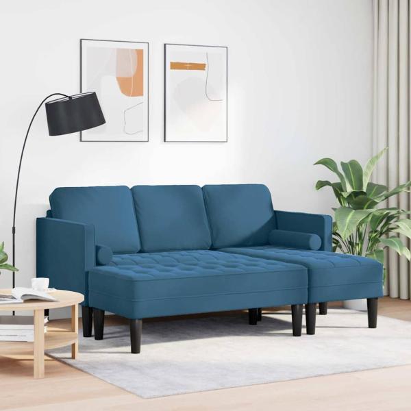 Garten Sofa mit Bank und Kissen L-förmiger blauer Samt, L-förmiges Sofa blau 173x131x67 cm Samt, Bank blau 113x57x39 cm Samt