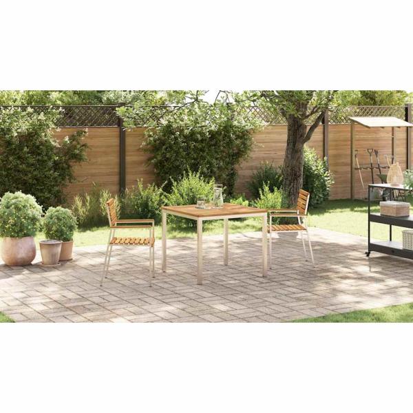 3-teiliges Garten Essset aus Massivholz Akazie, Outdoor Esstisch 90x90x74,5 cm aus Massivholz Akazie, Stapelbare Gartenstühle 2 Stück aus Massivholz Akazie und Stahl
