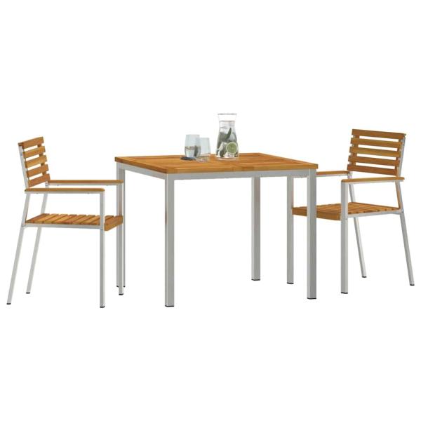 3-teiliges Garten Essset aus Massivholz Akazie, Outdoor Esstisch 90x90x74,5 cm aus Massivholz Akazie, Stapelbare Gartenstühle 2 Stück aus Massivholz Akazie und Stahl