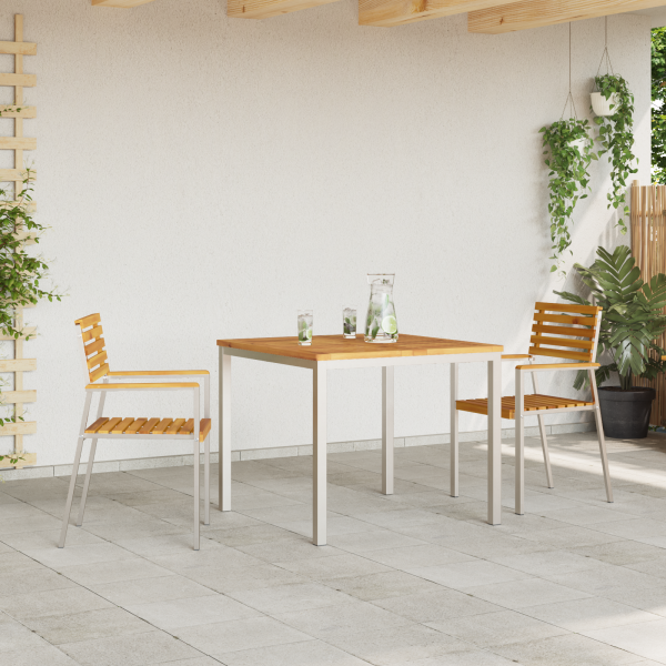 3-teiliges Garten Essset aus Massivholz Akazie, Outdoor Esstisch 90x90x74,5 cm aus Massivholz Akazie, Stapelbare Gartenstühle 2 Stück aus Massivholz Akazie und Stahl