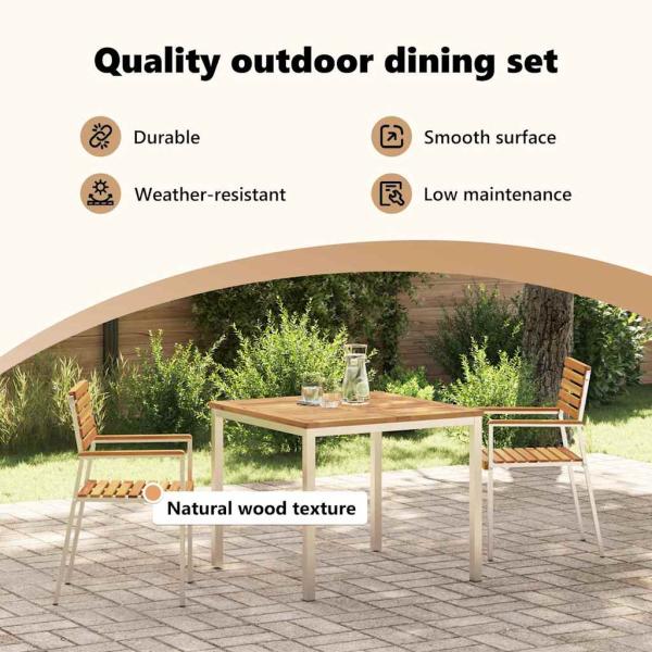 3-teiliges Garten Essset aus Massivholz Akazie, Outdoor Esstisch 90x90x74,5 cm aus Massivholz Akazie, Stapelbare Gartenstühle 2 Stück aus Massivholz Akazie und Stahl
