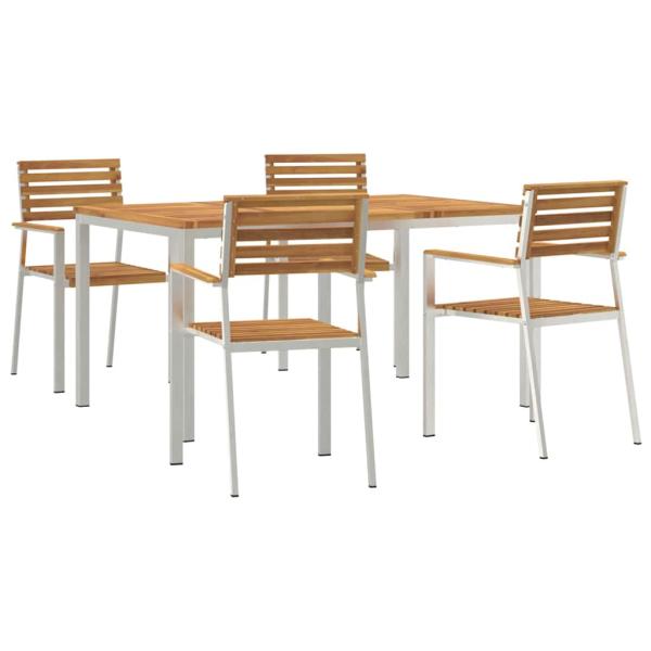 5-teiliges Garten Essset aus Massivholz Akazie, Outdoor Esstisch 150x90x75 cm aus Massivholz Akazie, stapelbare Gartenstühle 4 Stk. aus Massivholz Akazie und Stahl