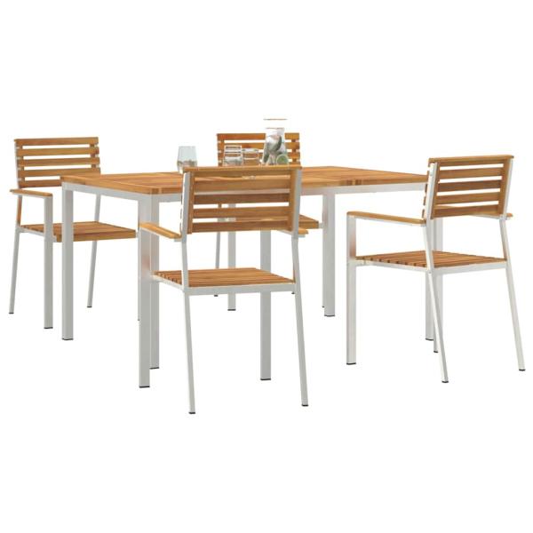 5-teiliges Garten Essset aus Massivholz Akazie, Outdoor Esstisch 150x90x75 cm aus Massivholz Akazie, stapelbare Gartenstühle 4 Stk. aus Massivholz Akazie und Stahl