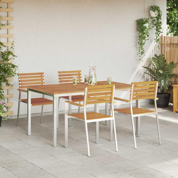 5-teiliges Garten Essset aus Massivholz Akazie, Outdoor Esstisch 150x90x75 cm aus Massivholz Akazie, stapelbare Gartenstühle 4 Stk. aus Massivholz Akazie und Stahl
