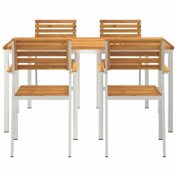 5-teiliges Garten Essset aus Massivholz Akazie, Outdoor Esstisch 150x90x75 cm aus Massivholz Akazie, stapelbare Gartenstühle 4 Stk. aus Massivholz Akazie und Stahl