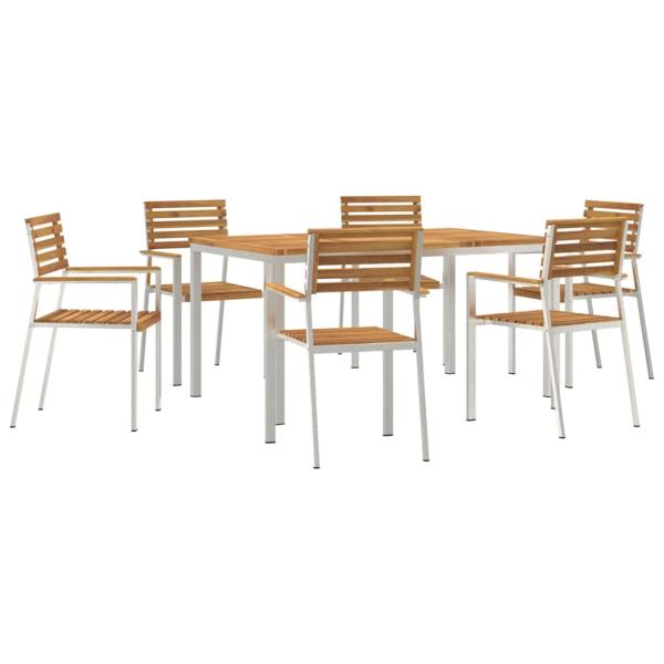 7-teilige Garten Essgruppe Massivholz Akazie, Gartentisch 150x90x75 cm Massivholz Akazie, Stapelbare Gartenstühle 2 Stück Massivholz Akazie und Stahl, Stapelbare Gartenstühle 4 Stück Massivholz Akazie und Stahl