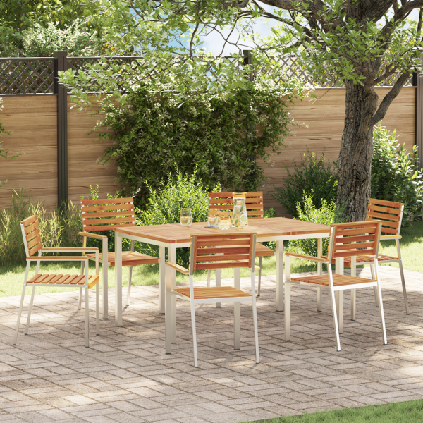 7-teilige Garten Essgruppe Massivholz Akazie, Gartentisch 150x90x75 cm Massivholz Akazie, Stapelbare Gartenstühle 2 Stück Massivholz Akazie und Stahl, Stapelbare Gartenstühle 4 Stück Massivholz Akazie und Stahl