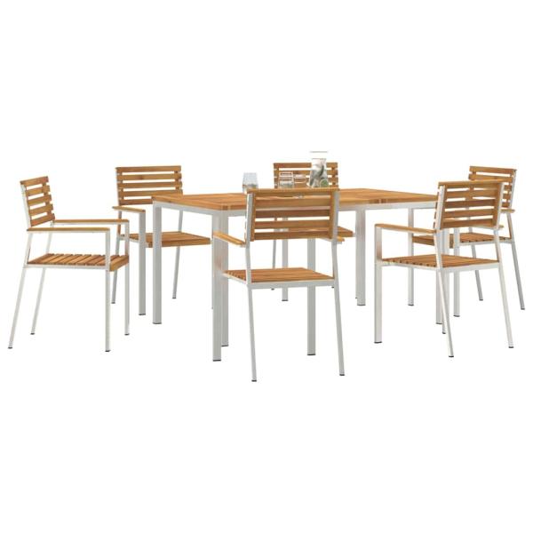 7-teilige Garten Essgruppe Massivholz Akazie, Gartentisch 150x90x75 cm Massivholz Akazie, Stapelbare Gartenstühle 2 Stück Massivholz Akazie und Stahl, Stapelbare Gartenstühle 4 Stück Massivholz Akazie und Stahl