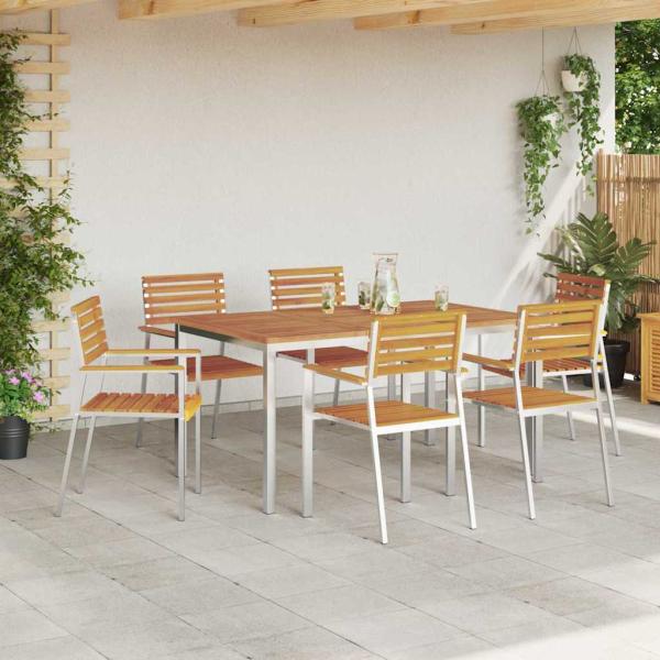 7-teilige Garten Essgruppe Massivholz Akazie, Gartentisch 150x90x75 cm Massivholz Akazie, Stapelbare Gartenstühle 2 Stück Massivholz Akazie und Stahl, Stapelbare Gartenstühle 4 Stück Massivholz Akazie und Stahl
