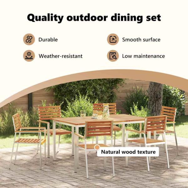 7-teilige Garten Essgruppe Massivholz Akazie, Gartentisch 150x90x75 cm Massivholz Akazie, Stapelbare Gartenstühle 2 Stück Massivholz Akazie und Stahl, Stapelbare Gartenstühle 4 Stück Massivholz Akazie und Stahl