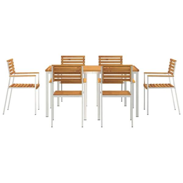 7-teilige Garten Essgruppe Massivholz Akazie, Gartentisch 150x90x75 cm Massivholz Akazie, Stapelbare Gartenstühle 2 Stück Massivholz Akazie und Stahl, Stapelbare Gartenstühle 4 Stück Massivholz Akazie und Stahl