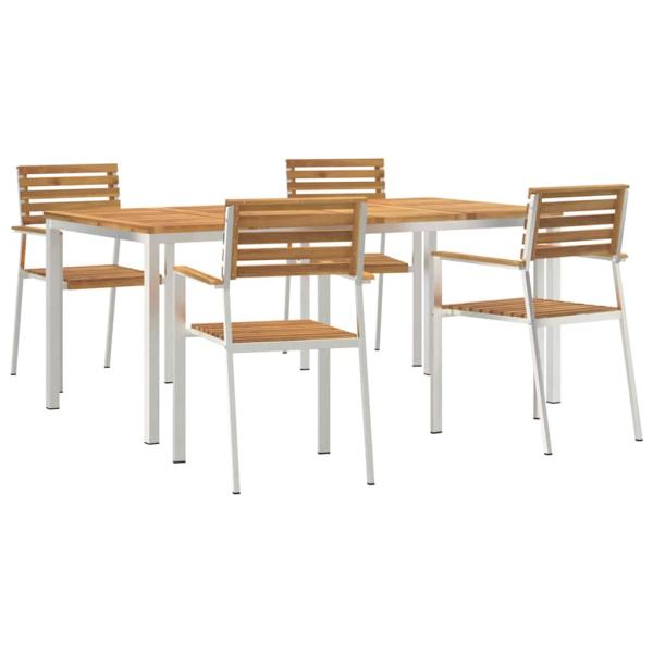 5-teiliges Garten Esszimmer Set aus massivem Akazienholz, Outdoor Esstisch 180x90x75 cm aus massivem Akazienholz, Stapelbare Gartenstühle 4 Stück aus massivem Akazienholz und Stahl