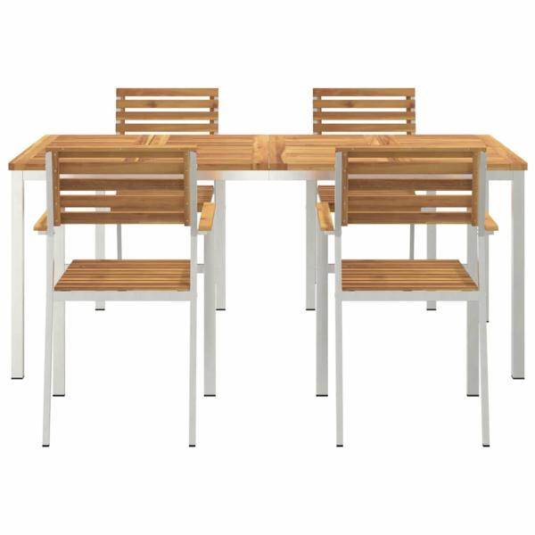 5-teiliges Garten Esszimmer Set aus massivem Akazienholz, Outdoor Esstisch 180x90x75 cm aus massivem Akazienholz, Stapelbare Gartenstühle 4 Stück aus massivem Akazienholz und Stahl
