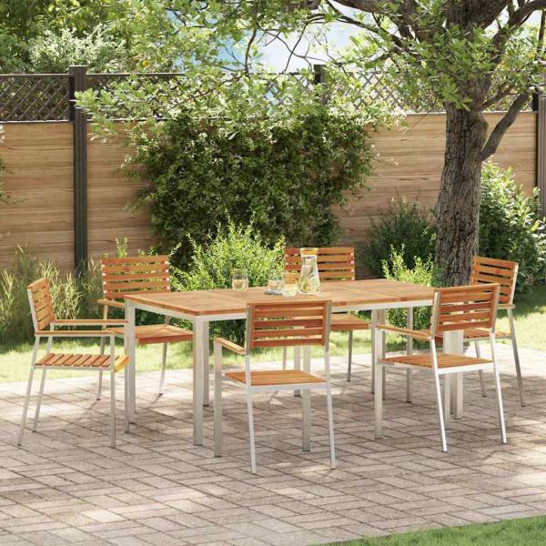 ARDEBO.de - 7-teiliges Garten Dining Set Massivholz Akazie, Esstisch für draußen 180x90x75 cm Massivholz Akazie, Stapelbare Gartenstühle 2 Stück Massivholz Akazie und Stahl, Stapelbare Gartenstühle 4 Stück Massivholz Akazie und Stahl
