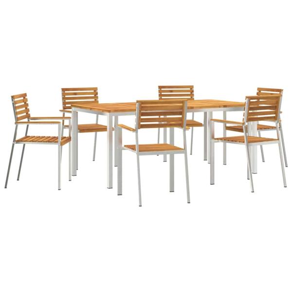 7-teiliges Garten Dining Set Massivholz Akazie, Esstisch für draußen 180x90x75 cm Massivholz Akazie, Stapelbare Gartenstühle 2 Stück Massivholz Akazie und Stahl, Stapelbare Gartenstühle 4 Stück Massivholz Akazie und Stahl