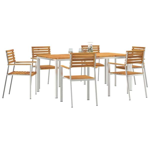 7-teiliges Garten Dining Set Massivholz Akazie, Esstisch für draußen 180x90x75 cm Massivholz Akazie, Stapelbare Gartenstühle 2 Stück Massivholz Akazie und Stahl, Stapelbare Gartenstühle 4 Stück Massivholz Akazie und Stahl
