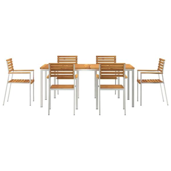 7-teiliges Garten Dining Set Massivholz Akazie, Esstisch für draußen 180x90x75 cm Massivholz Akazie, Stapelbare Gartenstühle 2 Stück Massivholz Akazie und Stahl, Stapelbare Gartenstühle 4 Stück Massivholz Akazie und Stahl