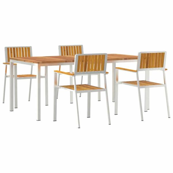 5-teiliges Garten Esstisch Set aus massivem Akazienholz, Gartentisch 180x90x75 cm aus massivem Akazienholz, Stapelbare Gartensessel 4 Stück aus massivem Akazienholz und Metall