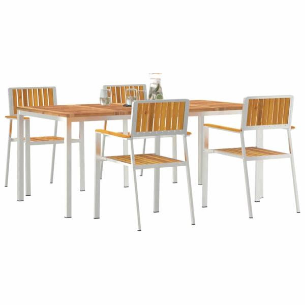 5-teiliges Garten Esstisch Set aus massivem Akazienholz, Gartentisch 180x90x75 cm aus massivem Akazienholz, Stapelbare Gartensessel 4 Stück aus massivem Akazienholz und Metall