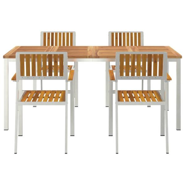 5-teiliges Garten Esstisch Set aus massivem Akazienholz, Gartentisch 180x90x75 cm aus massivem Akazienholz, Stapelbare Gartensessel 4 Stück aus massivem Akazienholz und Metall