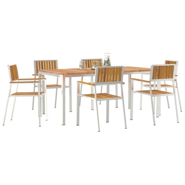 7-teiliges Garten Essset aus Massivholz Akazie, Outdoor Esstisch 180x90x75 cm aus Massivholz Akazie, Stapelbare Gartenstühle 2 Stück aus Massivholz Akazie und Metall, Stapelbare Gartenstühle 4 Stück aus Massivholz Akazie und Metall