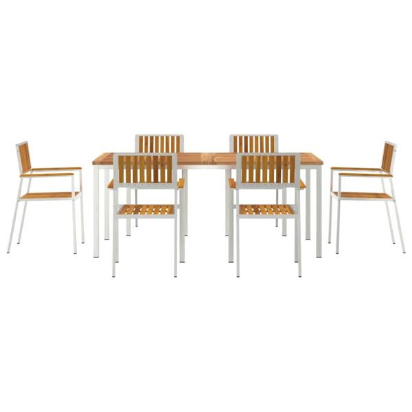 7-teiliges Garten Essset aus Massivholz Akazie, Outdoor Esstisch 180x90x75 cm aus Massivholz Akazie, Stapelbare Gartenstühle 2 Stück aus Massivholz Akazie und Metall, Stapelbare Gartenstühle 4 Stück aus Massivholz Akazie und Metall