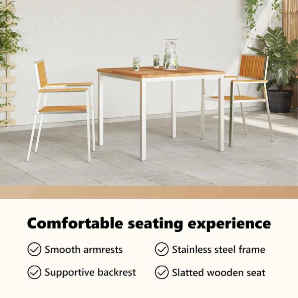 3tlg. Garten Essgruppe aus massivem Teakholz, Outdoor Esstisch 90x90x74,5 cm aus massivem Teakholz, Stapelbare Gartenstühle 2 Stück aus massivem Teakholz und Metall