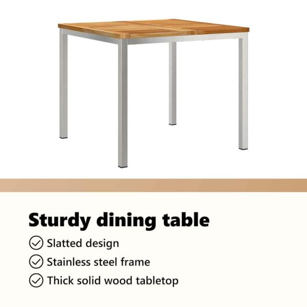 3tlg. Garten Essgruppe aus massivem Teakholz, Outdoor Esstisch 90x90x74,5 cm aus massivem Teakholz, Stapelbare Gartenstühle 2 Stück aus massivem Teakholz und Metall