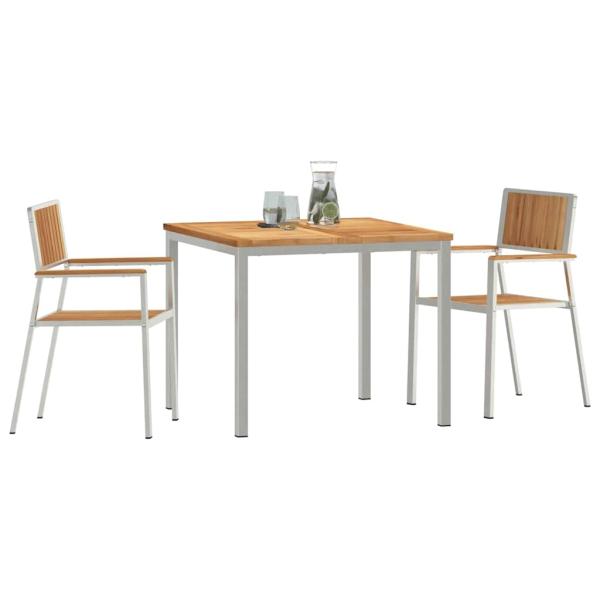 3tlg. Garten Essgruppe aus massivem Teakholz, Outdoor Esstisch 90x90x74,5 cm aus massivem Teakholz, Stapelbare Gartenstühle 2 Stück aus massivem Teakholz und Metall