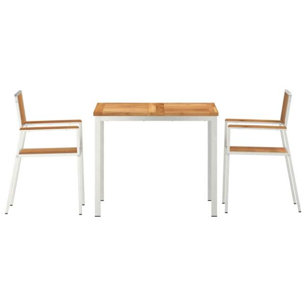 3tlg. Garten Essgruppe aus massivem Teakholz, Outdoor Esstisch 90x90x74,5 cm aus massivem Teakholz, Stapelbare Gartenstühle 2 Stück aus massivem Teakholz und Metall