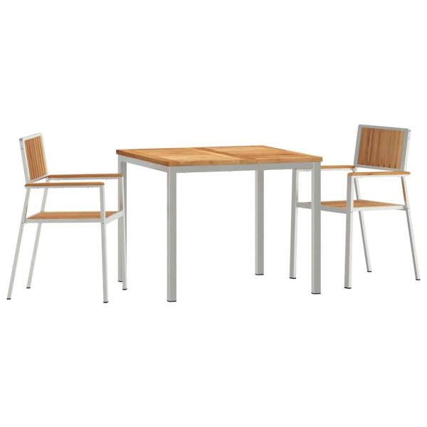 3tlg. Garten Essgruppe aus massivem Teakholz, Outdoor Esstisch 90x90x74,5 cm aus massivem Teakholz, Stapelbare Gartenstühle 2 Stück aus massivem Teakholz und Metall