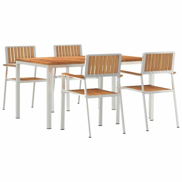 5-teiliges Garten Essset Massivholz Teak, Esstisch für draußen 150x90x75 cm Massivholz Teak, Stapelbare Gartenstühle 4 Stk. Massivholz Teak und Metall