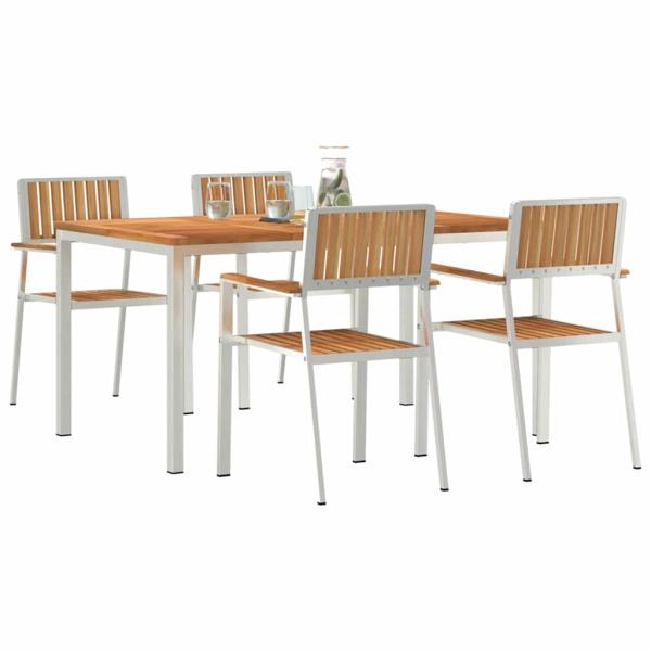 5-teiliges Garten Essset Massivholz Teak, Esstisch für draußen 150x90x75 cm Massivholz Teak, Stapelbare Gartenstühle 4 Stk. Massivholz Teak und Metall
