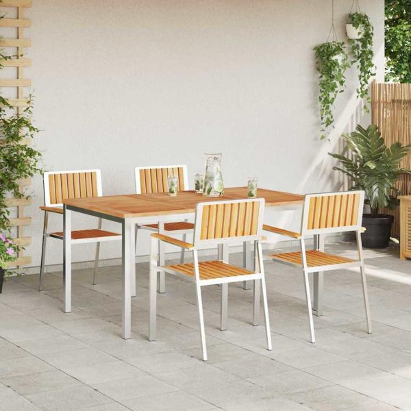 5-teiliges Garten Essset Massivholz Teak, Esstisch für draußen 150x90x75 cm Massivholz Teak, Stapelbare Gartenstühle 4 Stk. Massivholz Teak und Metall