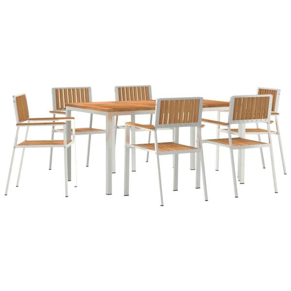 7-teiliges Garten Essset aus massivem Teakholz, Esstisch 150x90x75 cm aus massivem Teakholz, Stapelbare Gartenstühle 2 Stück aus massivem Teak und Metall, Stapelbare Gartenstühle 4 Stück aus massivem Teak und Metall