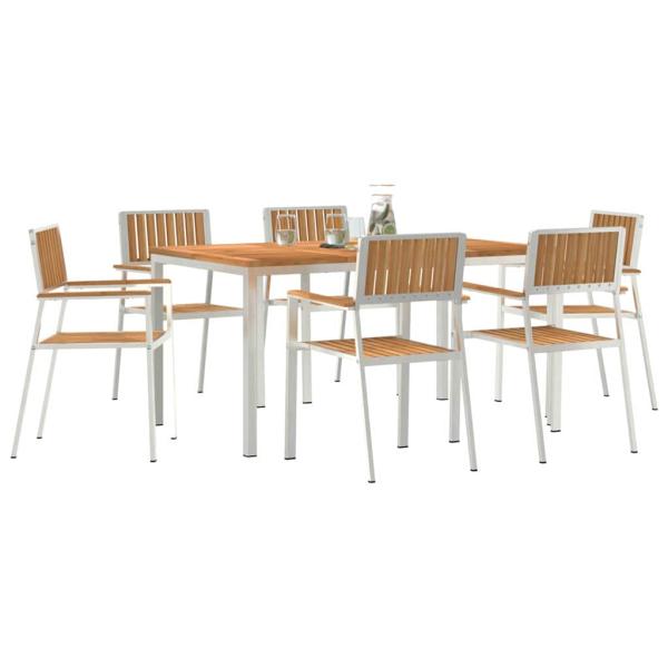 7-teiliges Garten Essset aus massivem Teakholz, Esstisch 150x90x75 cm aus massivem Teakholz, Stapelbare Gartenstühle 2 Stück aus massivem Teak und Metall, Stapelbare Gartenstühle 4 Stück aus massivem Teak und Metall