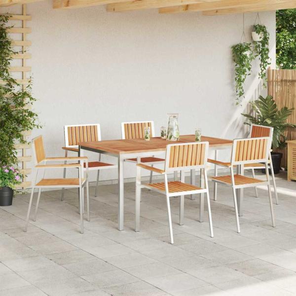 7-teiliges Garten Essset aus massivem Teakholz, Esstisch 150x90x75 cm aus massivem Teakholz, Stapelbare Gartenstühle 2 Stück aus massivem Teak und Metall, Stapelbare Gartenstühle 4 Stück aus massivem Teak und Metall