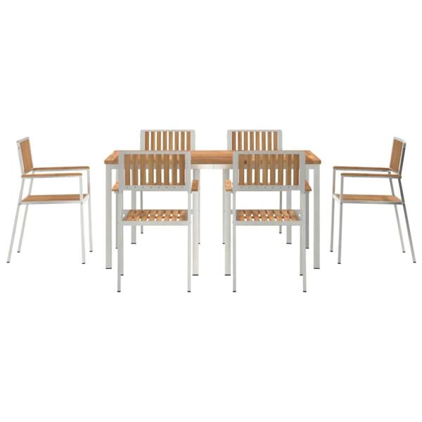 7-teiliges Garten Essset aus massivem Teakholz, Esstisch 150x90x75 cm aus massivem Teakholz, Stapelbare Gartenstühle 2 Stück aus massivem Teak und Metall, Stapelbare Gartenstühle 4 Stück aus massivem Teak und Metall